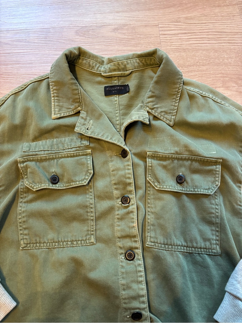 AllSaints Women’s M/L Morten Mixed Media Denim Army Jacket Khaki Green Gray - Picture 6 of 11